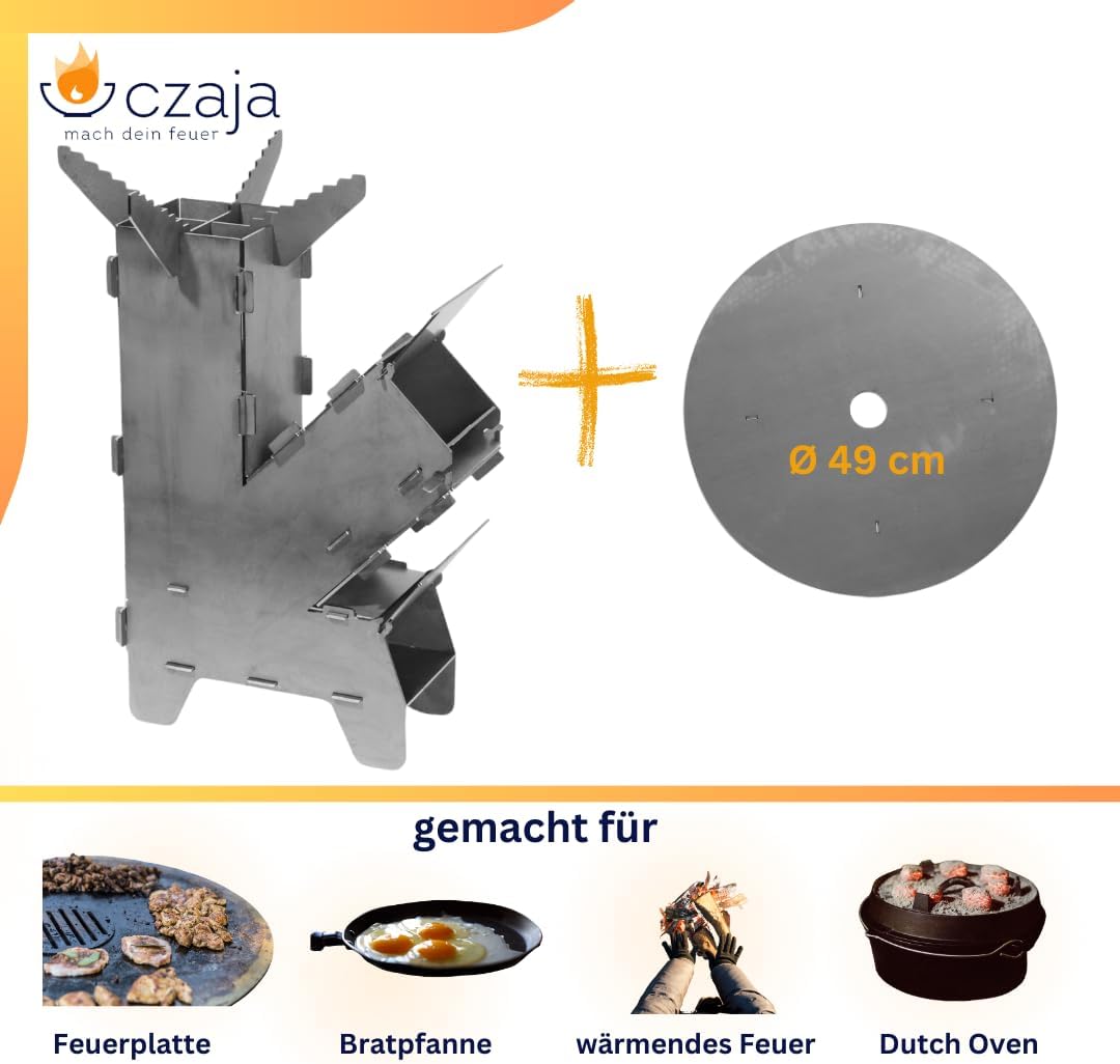 Czaja Raketenofen inkl. Feuerplatte und Schürhaken - Rocket Stove Stecksystem aus massivem 3 mm dick