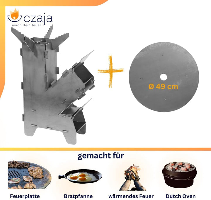 Czaja Raketenofen inkl. Feuerplatte und Schürhaken - Rocket Stove Stecksystem aus massivem 3 mm dick