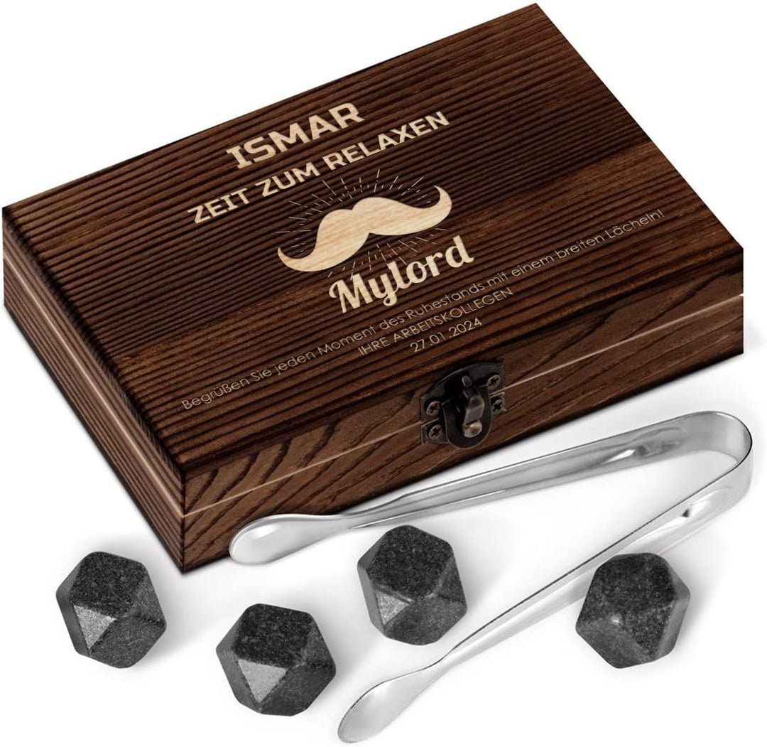 Maverton Whisky Steine Set - in Holzbox - personalisiert - 6 Eiswürfel + Zange + Velourbeutel - Kühl