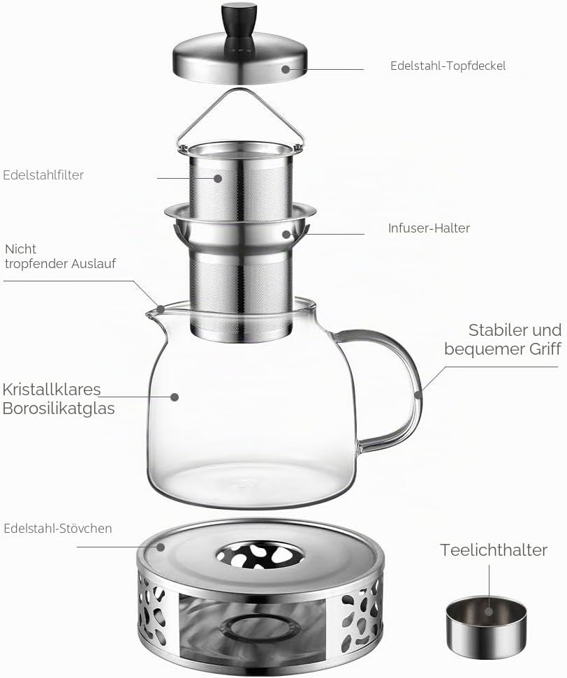 ecooe 1000mL Teekanne mit Stövchen Teebereiter Glas und Edelstahl Teewärmer Type6 Silberne Teekanne