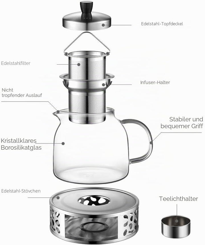 ecooe 1000mL Teekanne mit Stövchen Teebereiter Glas und Edelstahl Teewärmer Type6 Silberne Teekanne