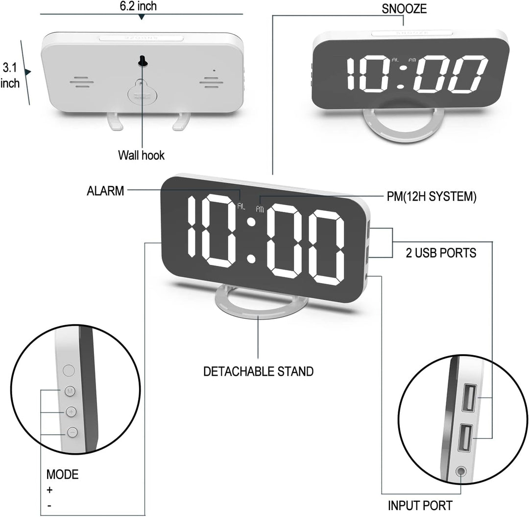 ThreeH Digitaler Alarm mit Dual-USB-Ladegerät Einstellbare Helligkeit Dimmer Snooze LED-Anzeige Weck