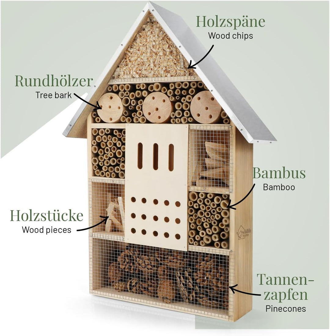 WILDLIFE HOME Insektenhotel XXL Stehend 2 Stück I Bienenhotel mit Standfuss 79 cm &amp; Metalldach I Gro