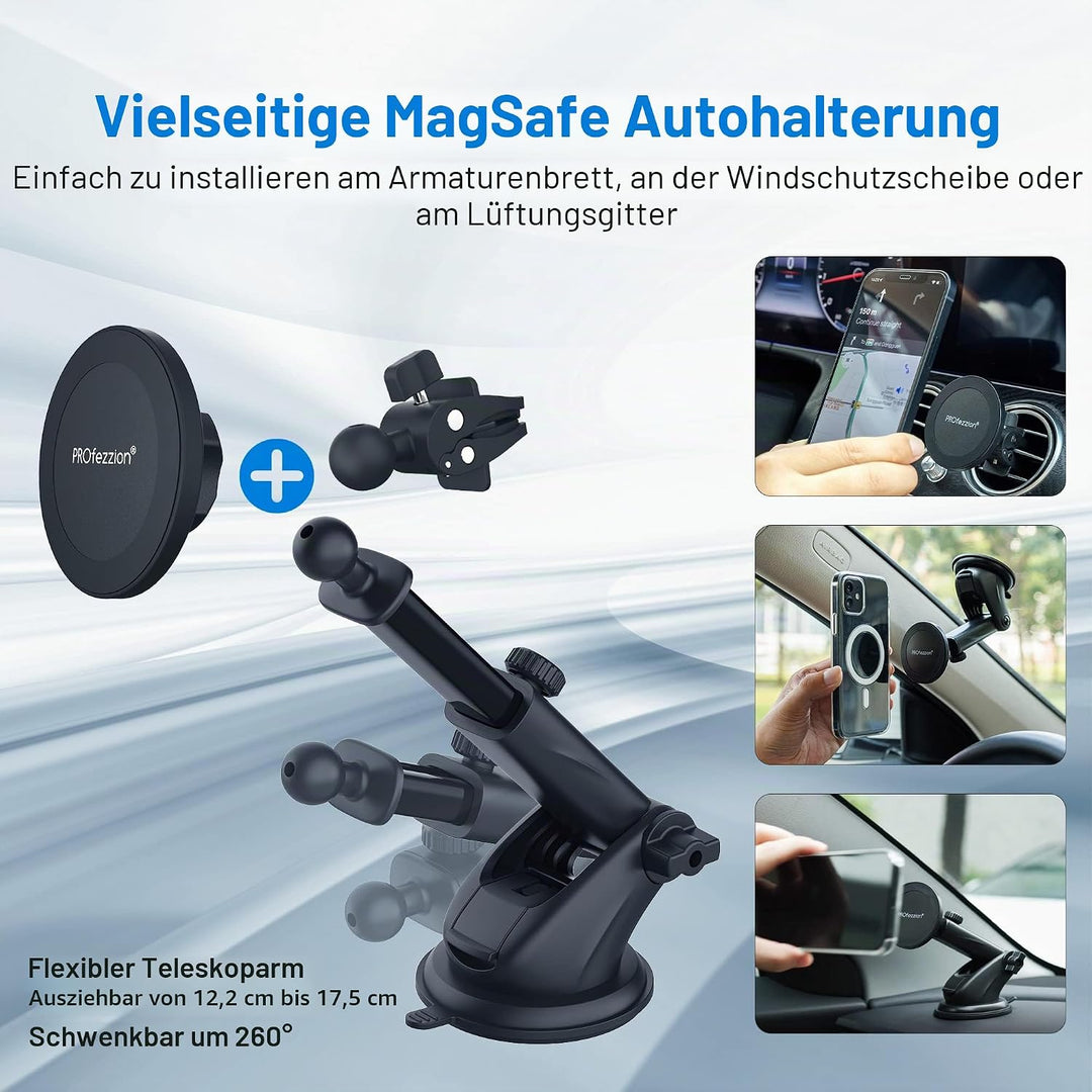 PROfezzion Handy Halterung Auto Magnet mit Saugnapf & Lüftungsclip Kompatibel mit MagSafe für Auto S