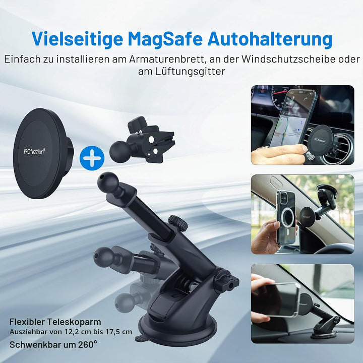 PROfezzion Handy Halterung Auto Magnet mit Saugnapf & Lüftungsclip Kompatibel mit MagSafe für Auto S
