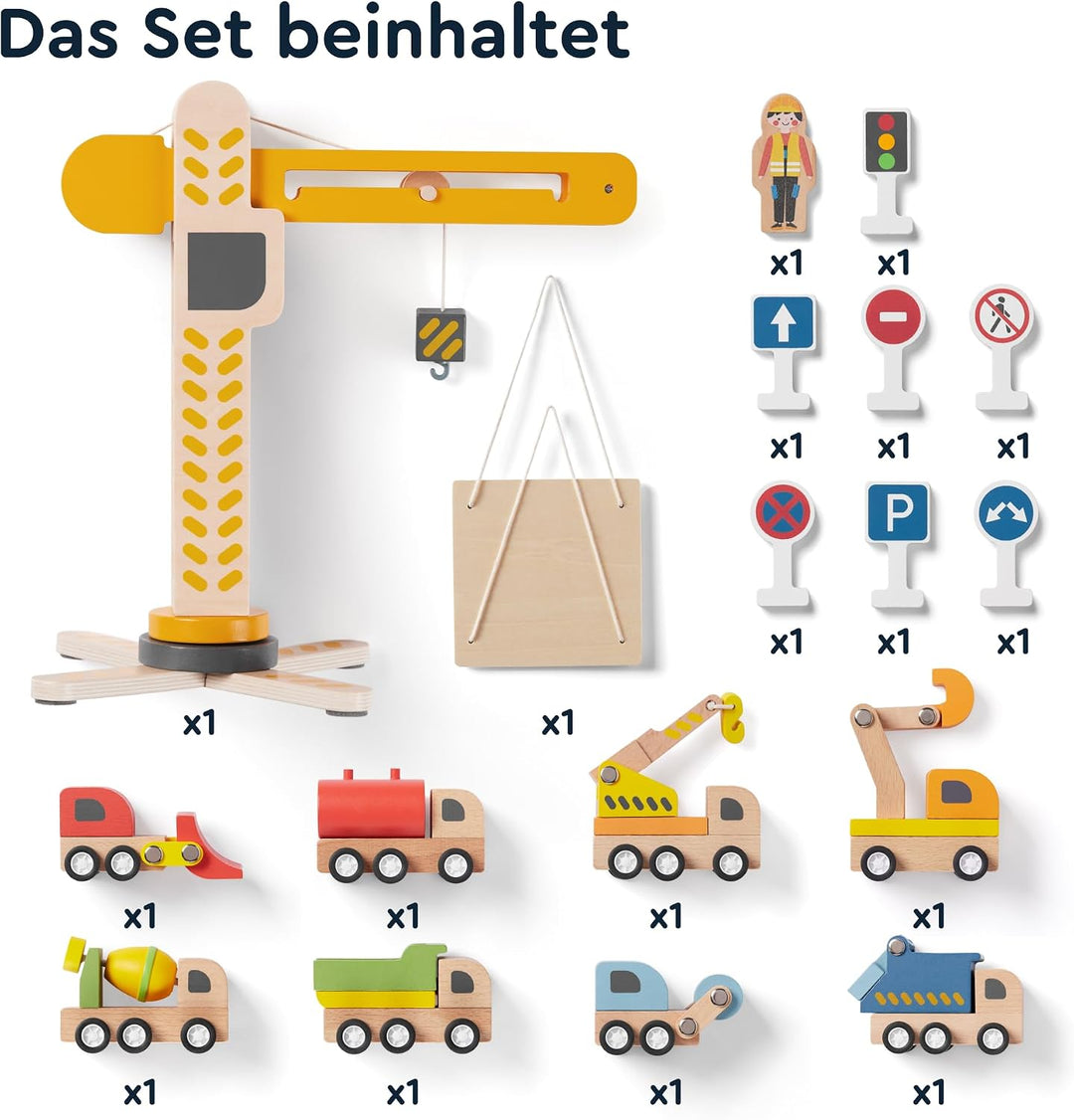 Holzspielzeug Baustelle mit Turmkran, Baufahrzeuge, Betonmischer, Ampel, Verkehrszeichen, Baustellen
