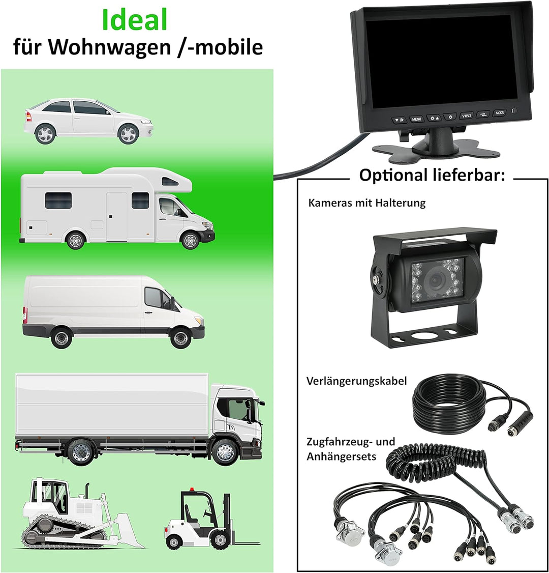VSG24 13114 – 7“ Profi Transporter Rückfahrmonitor, TFT Monitor inkl. Zubehör, e-Zulassung, Distanzl