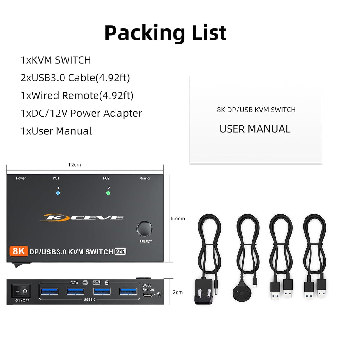 KVM Switch 2 PC 1 Monitor DP 4K@144Hz, USB 3.0 KVM Switch Displayport 2.1 Teilen 4 USB 3.0 Ports Tas