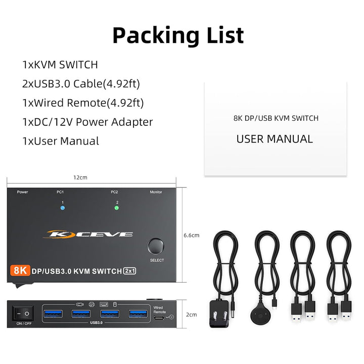 KVM Switch 2 PC 1 Monitor DP 4K@144Hz, USB 3.0 KVM Switch Displayport 2.1 Teilen 4 USB 3.0 Ports Tas