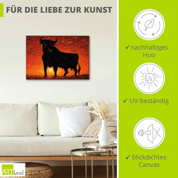 Artland Leinwandbild Wandbild Bild auf Leinwand 70x50 cm Wanddeko Stier Tiere Spanien Stierkampf Kat