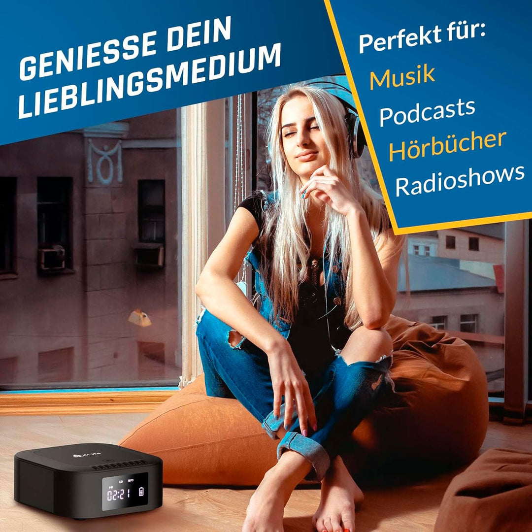 KLIM Boombox E1 Radio mit CD Player - BASS Boost mit Tieftöner - FM Radio, MP3, Bluetooth, AUX, USB