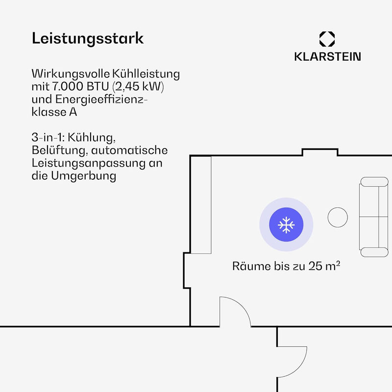 Klarstein mobile Klimaanlage mit Abluftschlauch, 7000 BTU - praktischer Luftentfeuchter, Ventilator