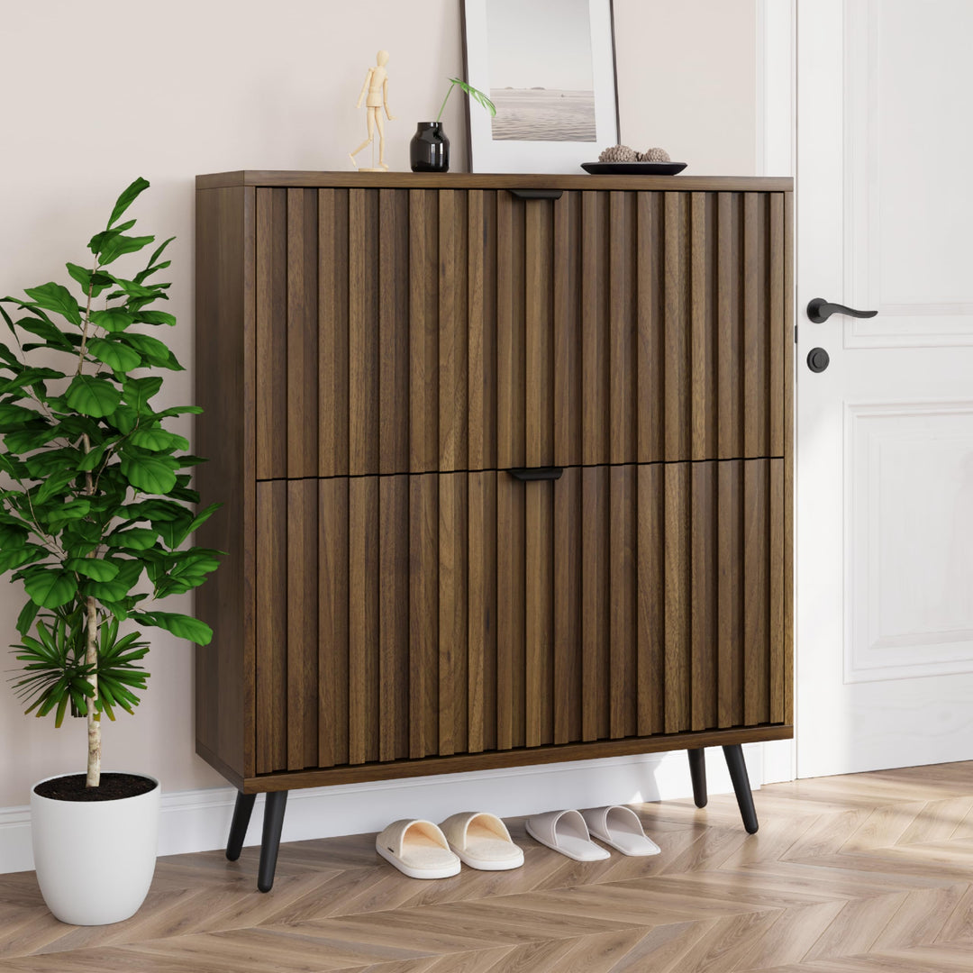Smuxee Schuhschrank mit 2 Klappschubladen, 80 cm, Walnussholz, versteckter Schuhschrank mit geriffel