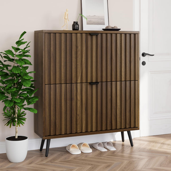 Smuxee Schuhschrank mit 2 Klappschubladen, 80 cm, Walnussholz, versteckter Schuhschrank mit geriffel