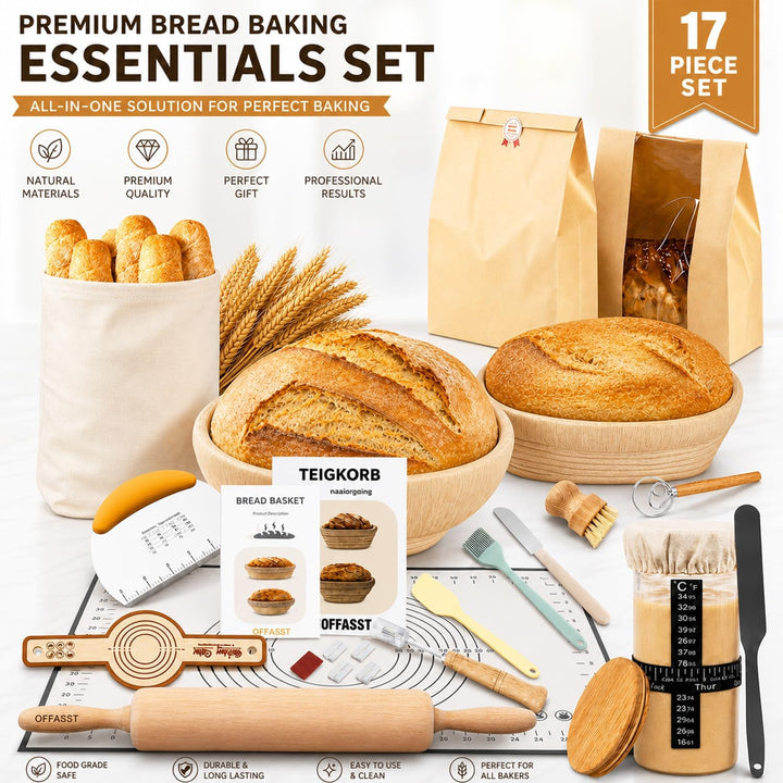 17 Stück Sauerteig Starter Set mit Gärkörbchen (2 Stück, 25cm), Gärkorb Brot Brotbackzubehör Mit Sau