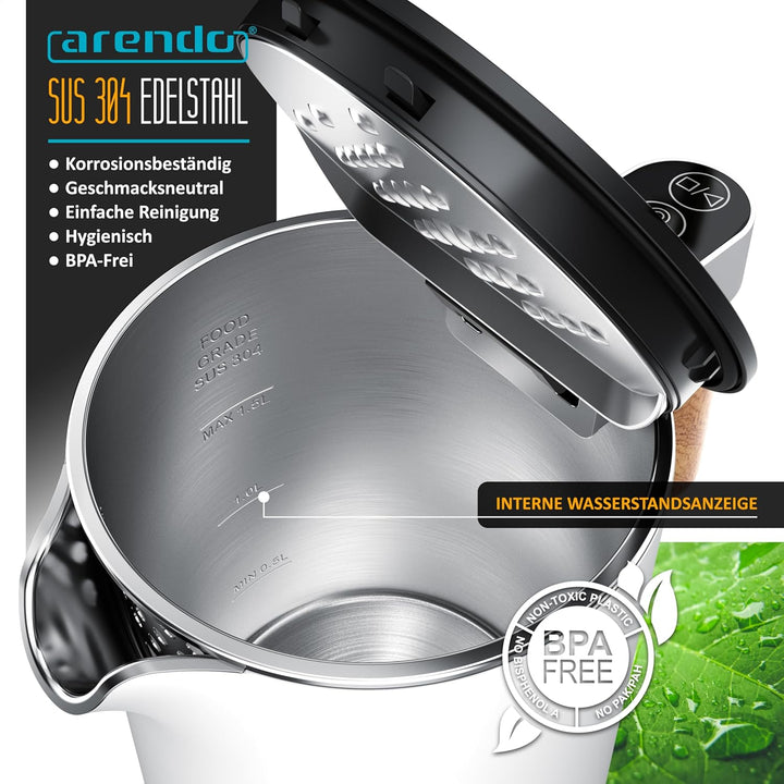 Arendo - Wasserkocher mit Temperatureinstellung - Edelstahl - 45-100 Grad - 1.5 Liter - Doppelwand -