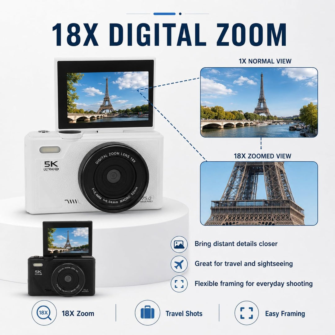 5K 75MP Digitalkamera mit 18 facher Optischer Zoomstabilisierung, 3 Zoll Flip Bildschirm, Retro Digi