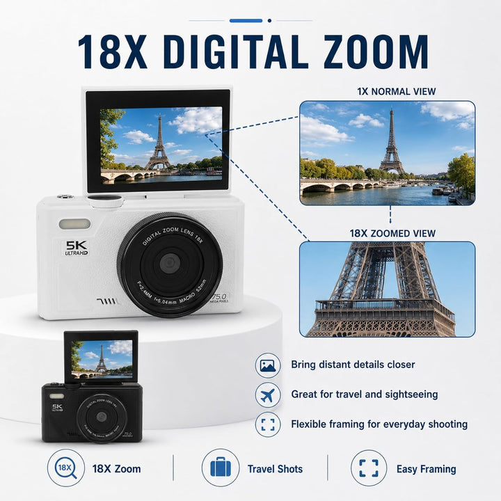 5K 75MP Digitalkamera mit 18 facher Optischer Zoomstabilisierung, 3 Zoll Flip Bildschirm, Retro Digi