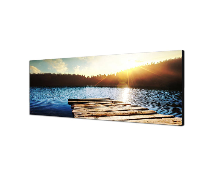 Augenblicke Wandbilder Leinwandbild als Panorama in 150x50cm See Holzsteg Wald Sonnenuntergang
