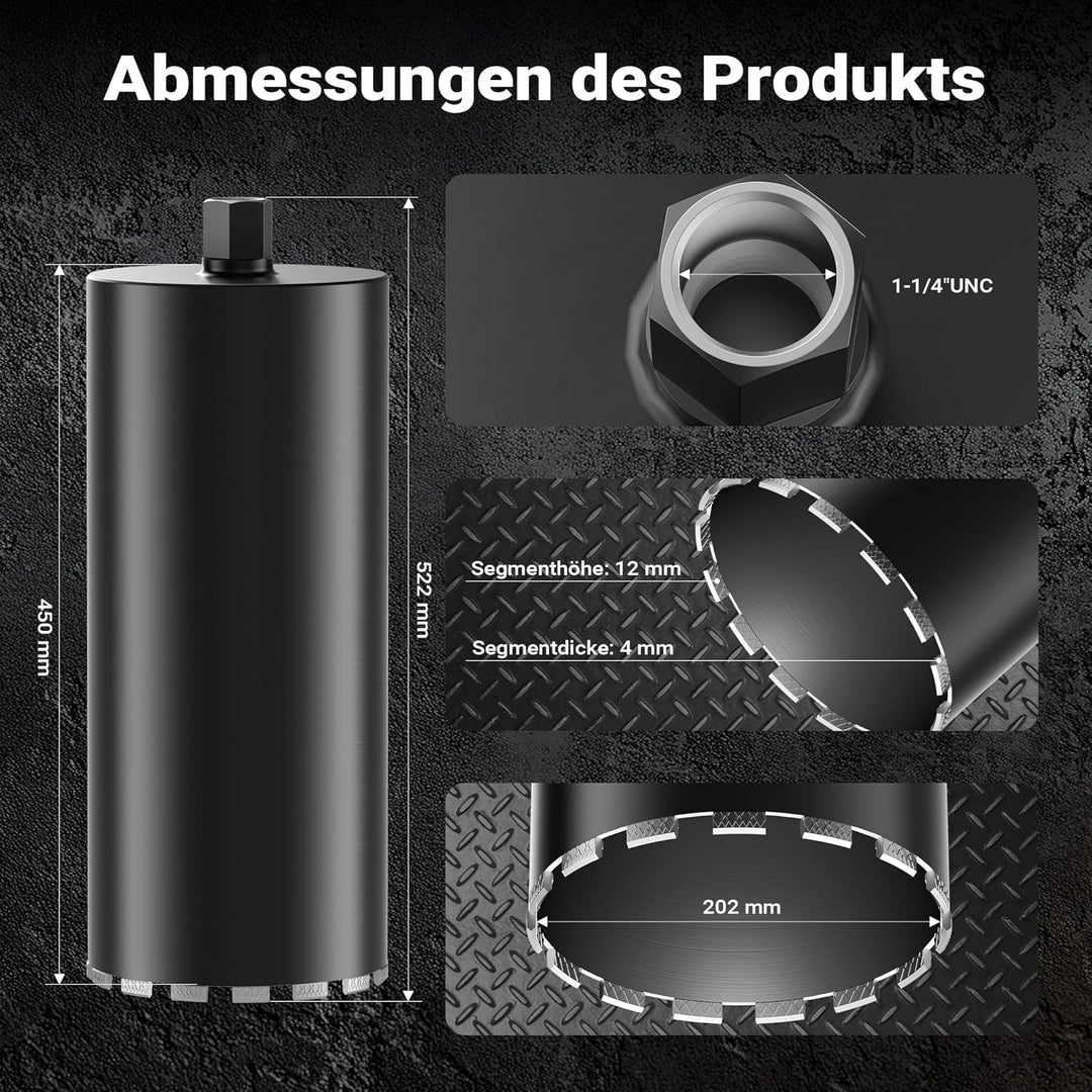 Wiltec Diamantbohrkrone Typ 2 (Mesh) Ø 200 mm, Bohrkrone 450 mm, 1¼ UNC Nassbohrkrone, Diamantbohrer