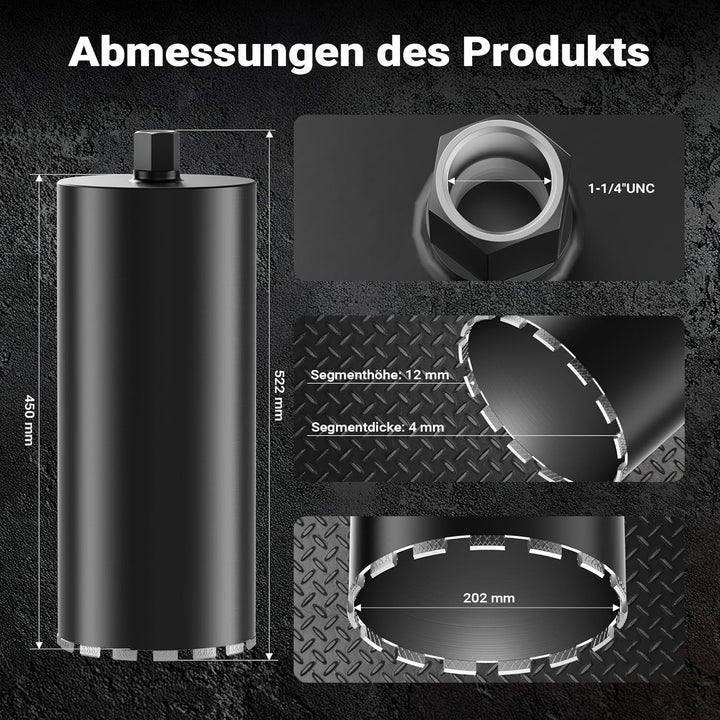 Wiltec Diamantbohrkrone Typ 2 (Mesh) Ø 200 mm, Bohrkrone 450 mm, 1¼ UNC Nassbohrkrone, Diamantbohrer