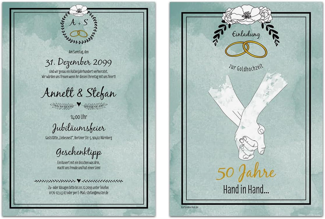 10 x Hochzeitseinladungen Goldhochzeit goldene Hochzeit Einladung - Hand in Hand 10 Stück Goldene Ho