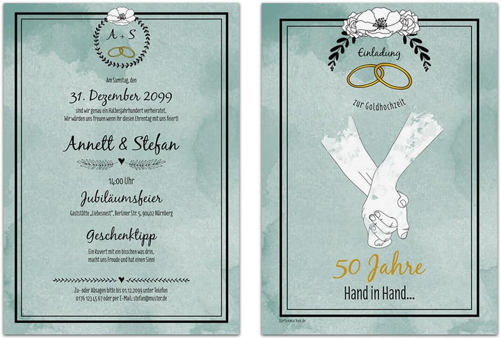10 x Hochzeitseinladungen Goldhochzeit goldene Hochzeit Einladung - Hand in Hand 10 Stück Goldene Ho