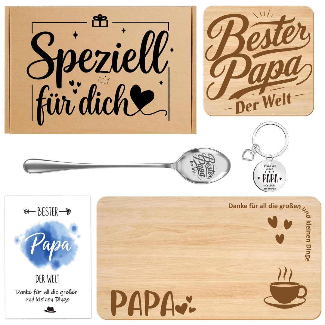 PAPA Geschenk – Holz-Servierbrett, Untersetzer, Edelstahl-Löffel, Schlüsselanhänger & Grusskarte | L
