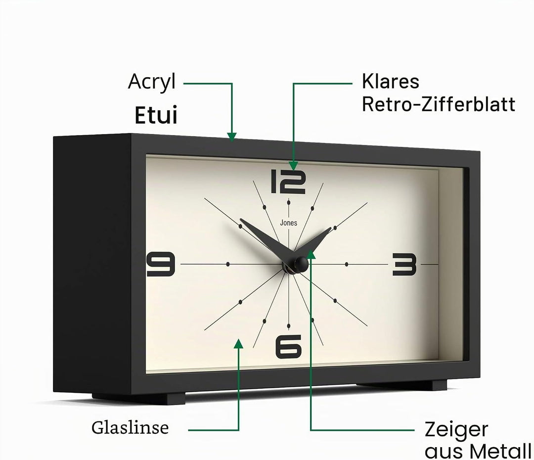 JONES CLOCKS® Schreibtischuhr 'Odeon' – modernes rechteckiges Design in Schwarz, stilvoller Retro-Lo