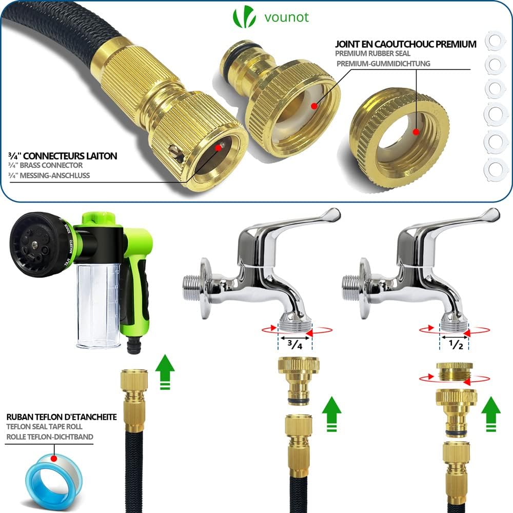 VOUNOT Flexibler Gartenschlauch 15 m, Flexibel Wasserschlauch Dehnbarer mit 8 Sprühfunktionen, Spülm