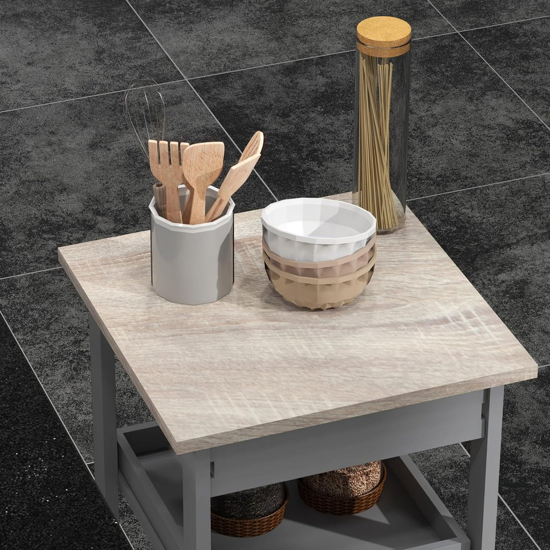 HOMCOM Servierwagen Küchenwagen mit Rollen 2 abnehmbare Tabletts, Schublade, Regal helle Eiche Holz