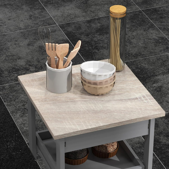 HOMCOM Servierwagen Küchenwagen mit Rollen 2 abnehmbare Tabletts, Schublade, Regal helle Eiche Holz