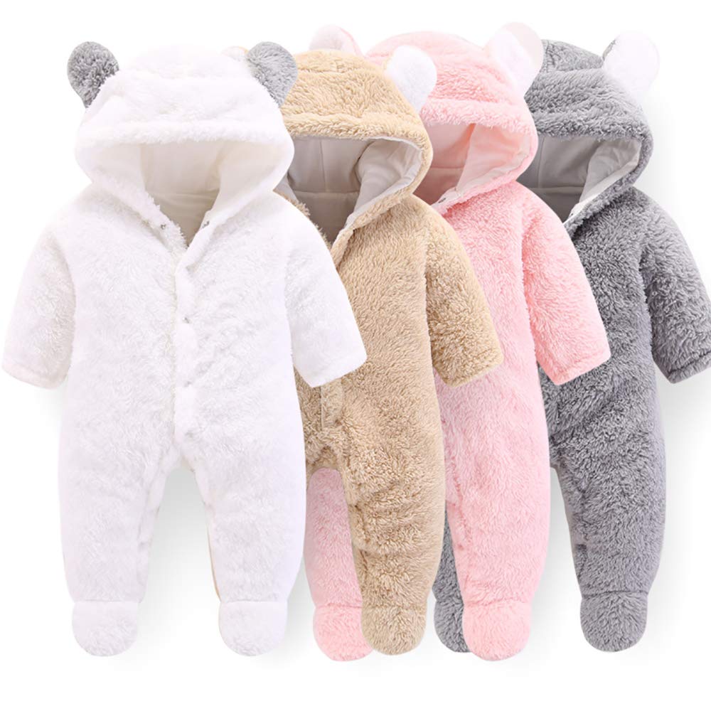 Neugeborene Baby Cartoon Bär Schneeanzug Wintermantel Fleece Kapuze Strampler Jumpsuit Weiss 0-3 Mon
