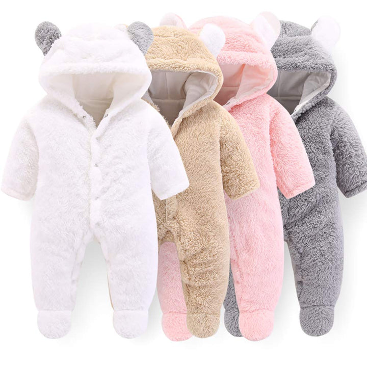 Neugeborene Baby Cartoon Bär Schneeanzug Wintermantel Fleece Kapuze Strampler Jumpsuit Weiss 3-6 Mon