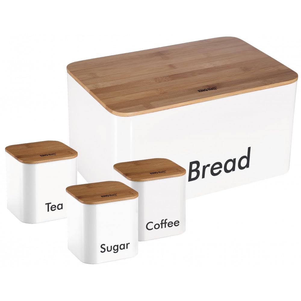Bread Box Bread Bin With Wodden Top For Chopping Cutting With Canister Set KH-1026 Weiss, Weiss