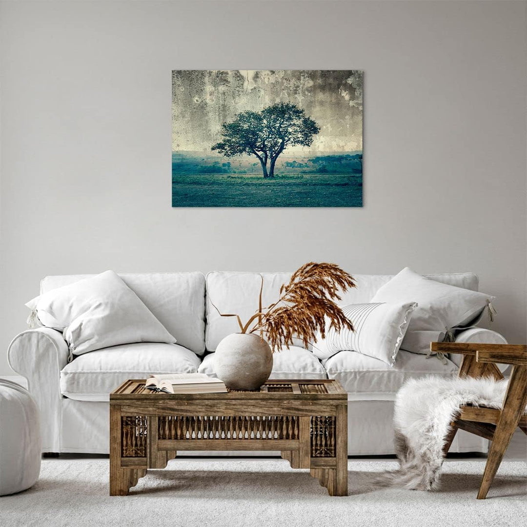 Bilder auf Leinwand Baum Natur Feld Leinwandbild mit Rahmen 70x50cm Wandbilder Dekoration Wohnzimmer