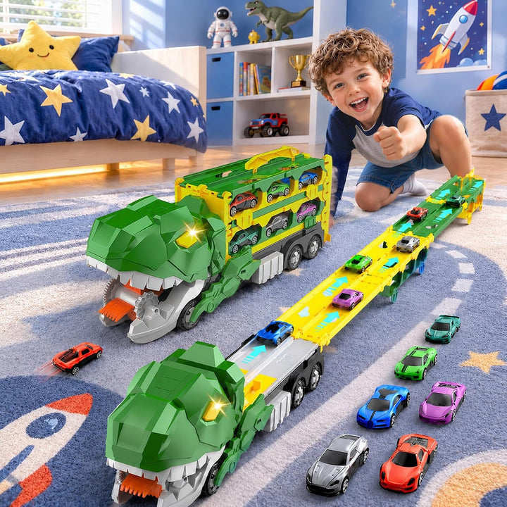 2-in-1 Dino Transporter Truck mit 12 Spielzeugautos 164.5 cm Rennstrecke | Ausklappbares Dinosaurier