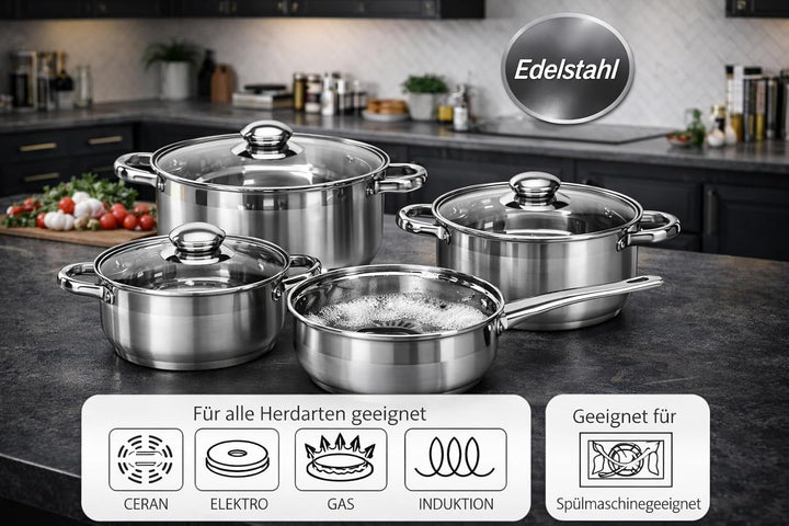 Posten Anker Topfset Induktion 7-teilig, Edelstahl satiniert, für alle Herdarten, Kochtöpfe mit Glas