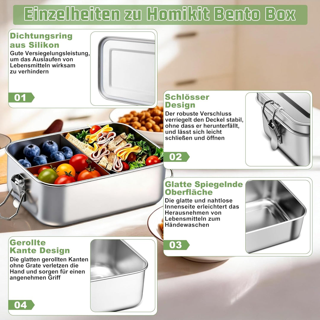 Homikit Brotdose mit Fächern 2er Set, 2400ml Edelstahl Lunchbox Bento Box Erwachsene, Auslaufsicher