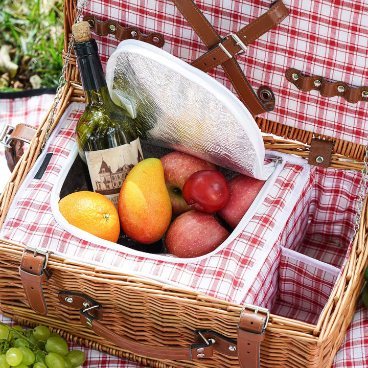 Weiden-Picknickkorb-Set für 2 Personen mit wasserdichter Picknickdecke und grossem isoliertem Kühlfa