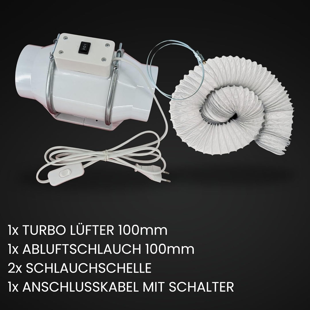 Turbo Zuluft Abluft Set Grow 100mm leise Belüftungsset für Growbox Lüfter Abluftlüfter Abluftschlauc