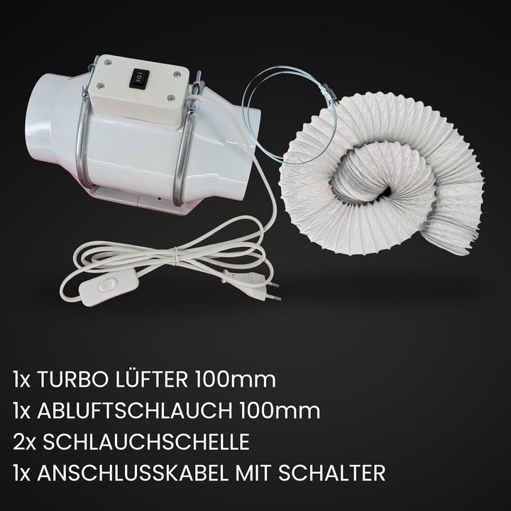 Turbo Zuluft Abluft Set Grow 100mm leise Belüftungsset für Growbox Lüfter Abluftlüfter Abluftschlauc