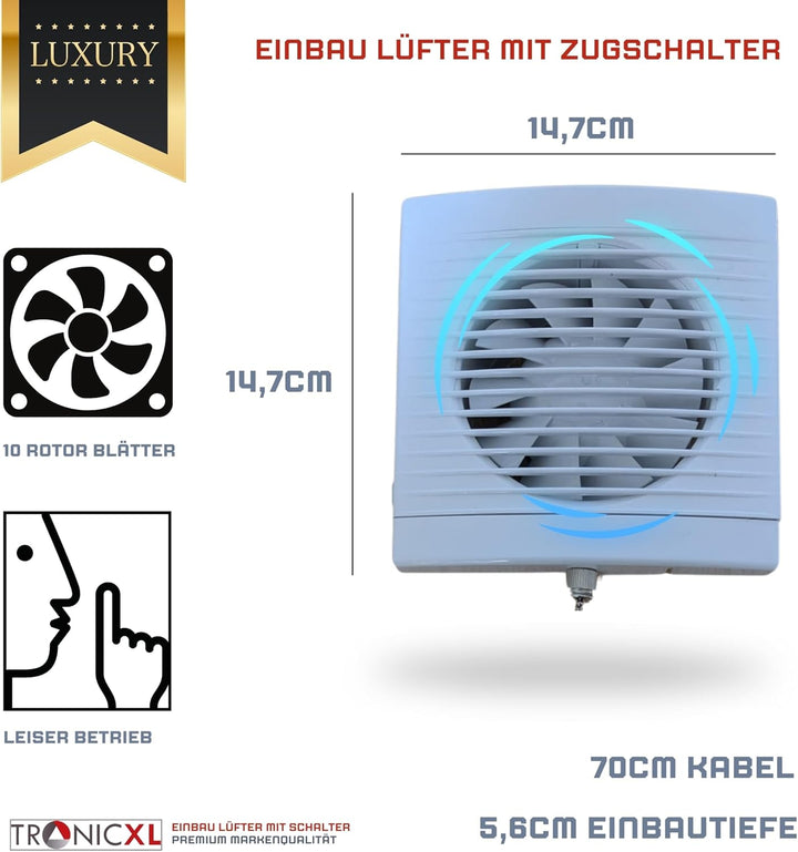TronicXL IPX4 100mm Abluft/Zuluft Grow Lüfter Ventilator mit Netzstecker und Schalter für Homebox Gr