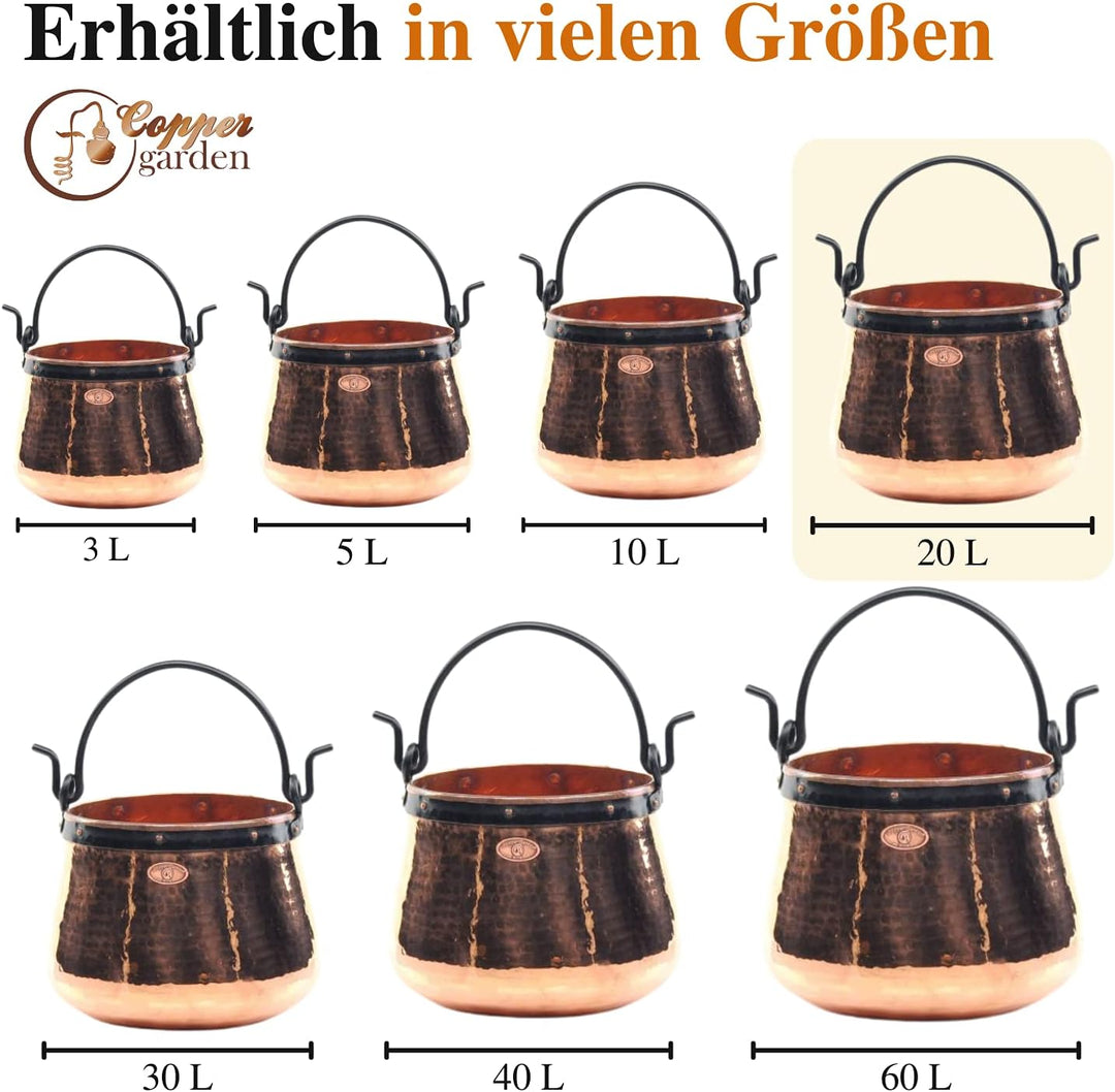 CopperGarden Kupferkessel 20 L mit Henkel I Robuster Kessel aus blankem Kupfer: Ideale Wärmeleitung