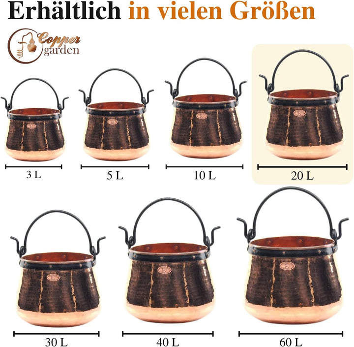 CopperGarden Kupferkessel 20 L mit Henkel I Robuster Kessel aus blankem Kupfer: Ideale Wärmeleitung