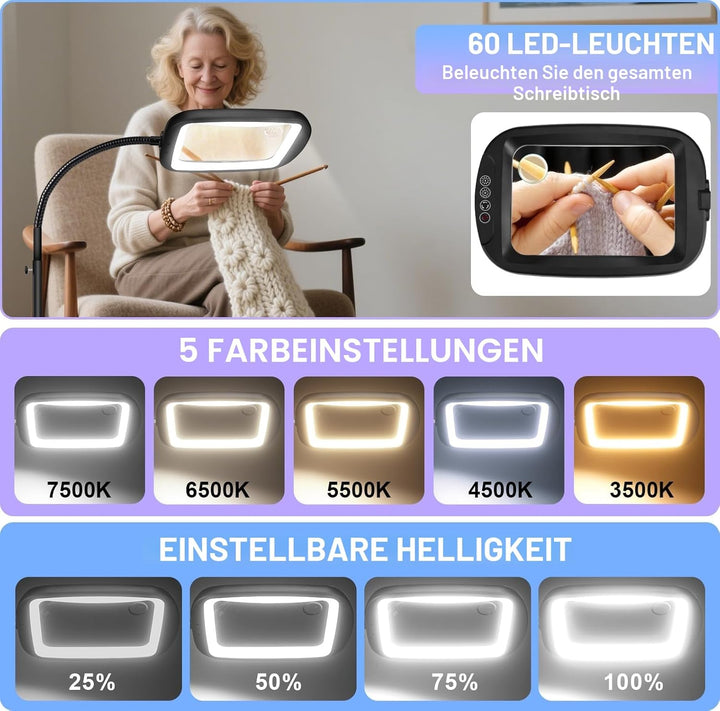 NZQXJXZ 10X Lupe mit Licht und Ständer, Flexible Schwenkarm Lupenleuchte mit 60 LED, 5 Farbmodus Dim