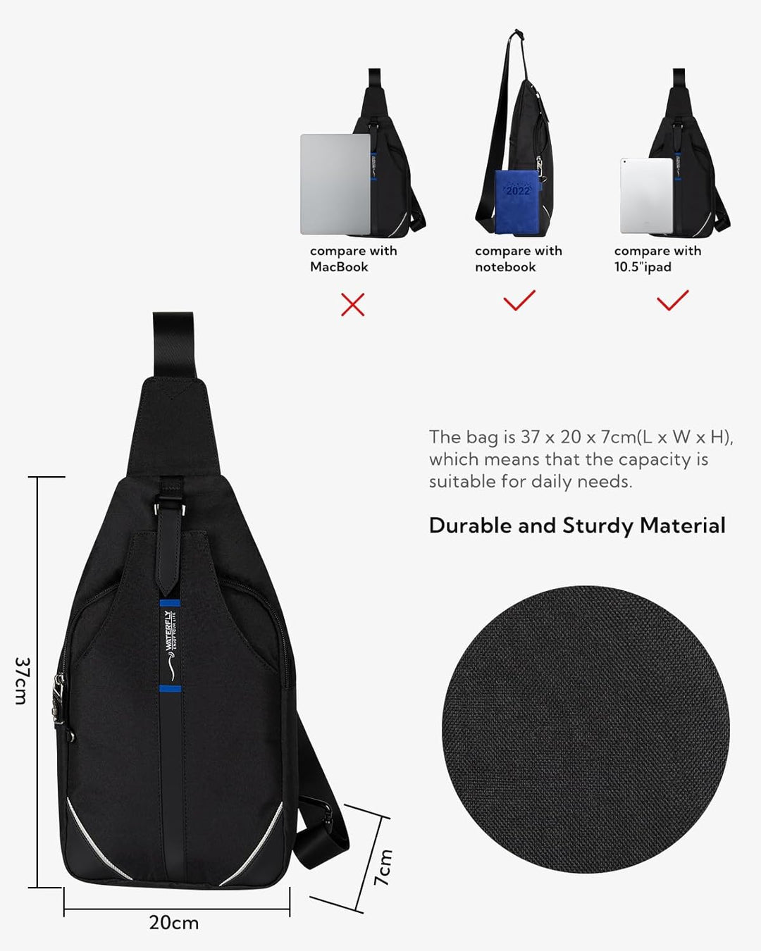 WATERFLY Anti-Diebstahl Sling Bag für Damen und Herren Brusttasche Hippie Crossbody Bag Multipurpose