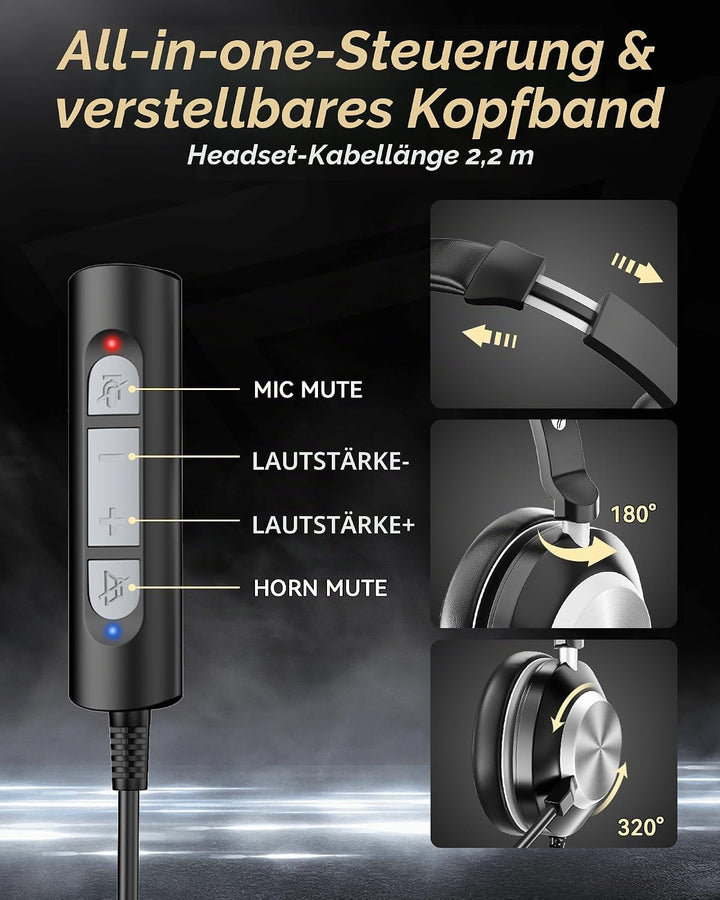 Headset mit Mikrofon (Single-Ear) USB/3,5mm/USB-C | Büro Headsets mit Noise Cancelling für Call Cent