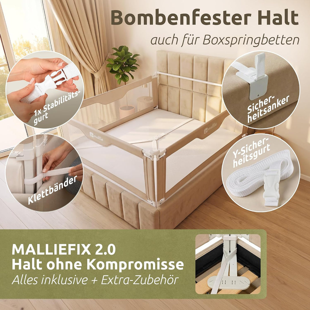 Mallie® Rausfallschutz Boxspringbett 200x200cm Elternbett Beige | 3-seitiges Set mit MALLIEFIX 2.0 C