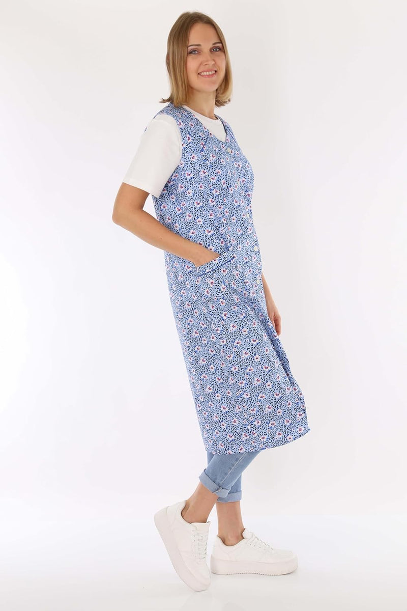 Knopfkittel Baumwolle bunt Kochschürze Hauskleid Kittel Schürze ohne Arm 40 Blau, 40 Blau
